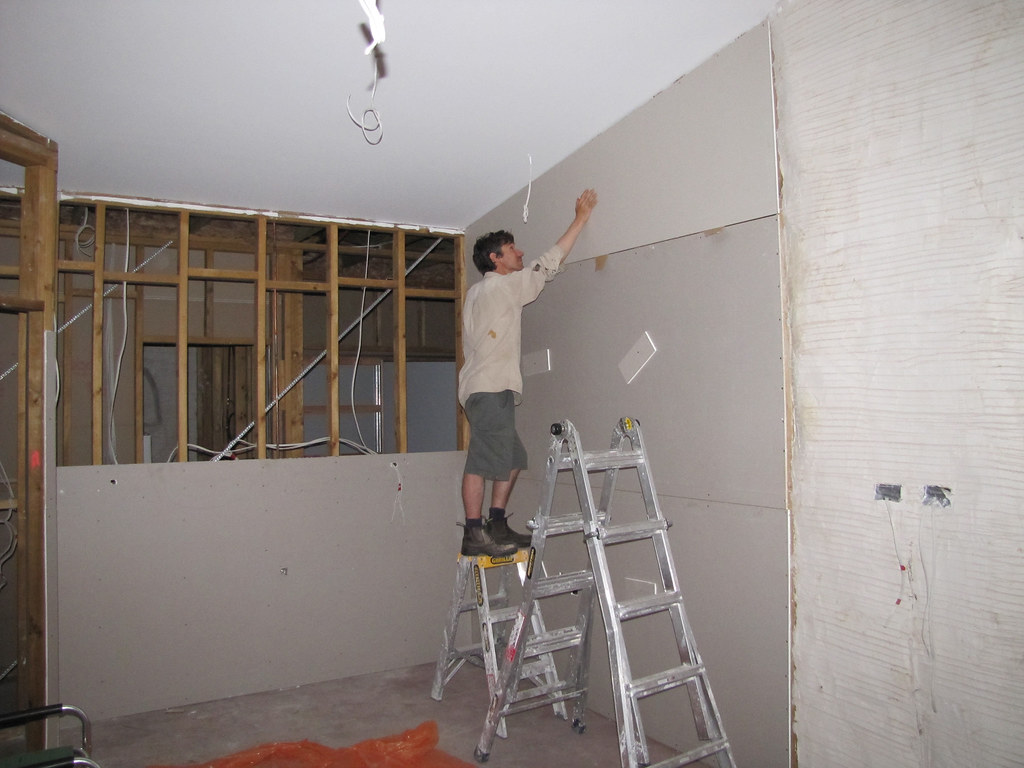 Interior wall framing and plasterboard mid renovation